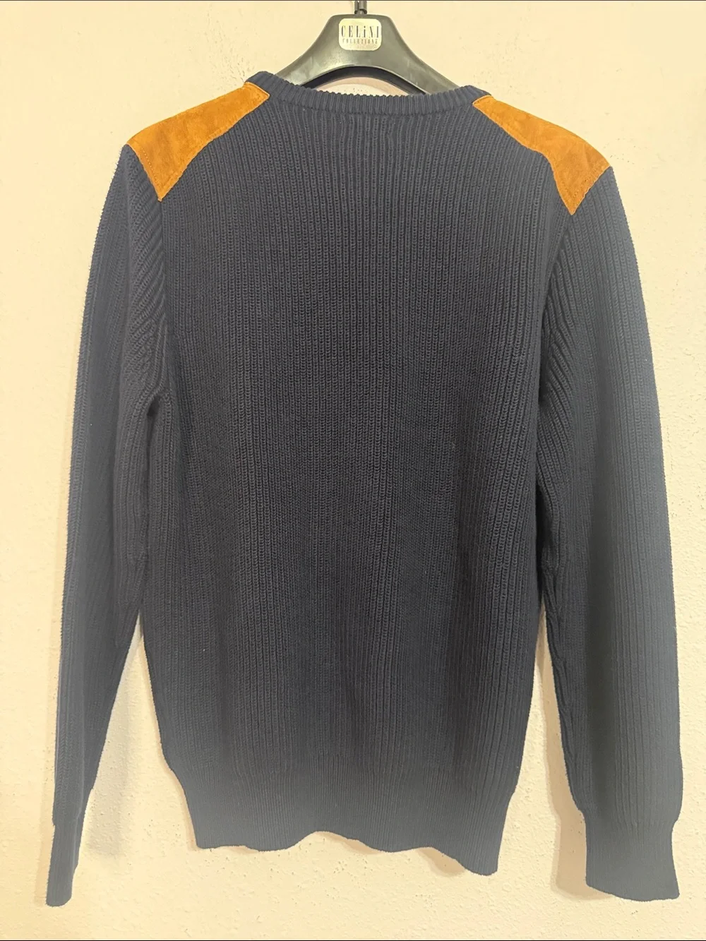 J. Crew Men Navy Crewneck Sweater with Tan Shoulder Patches Size Large